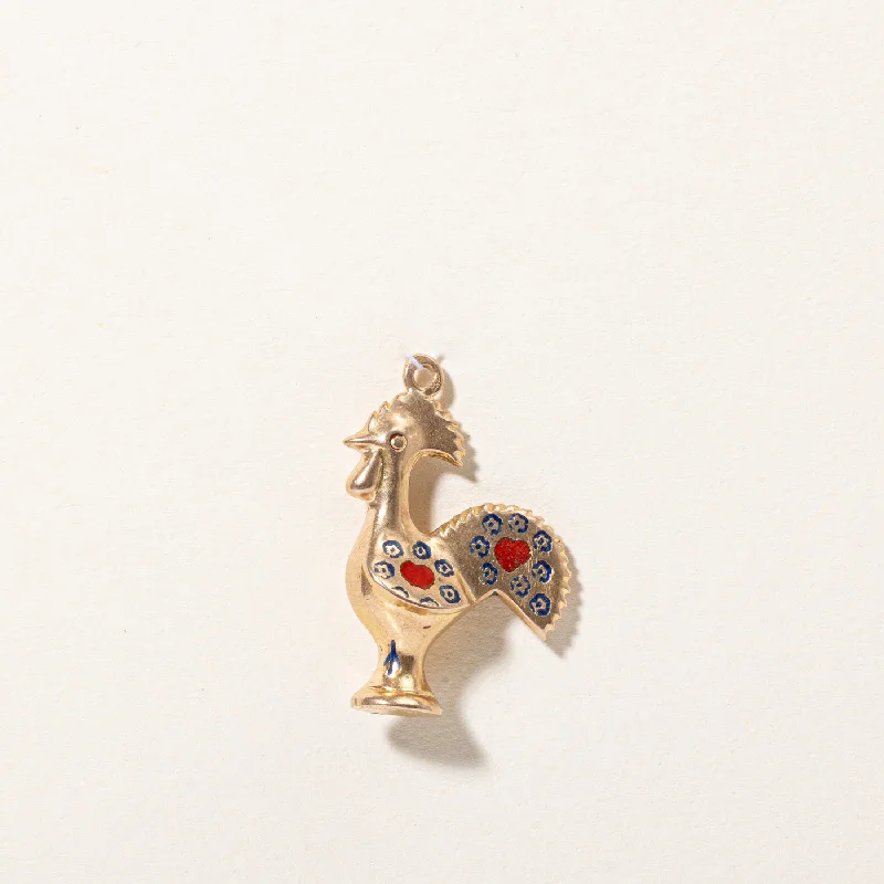 handcrafted gemstone ring women 14k Yellow Gold Painted Rooster Charm