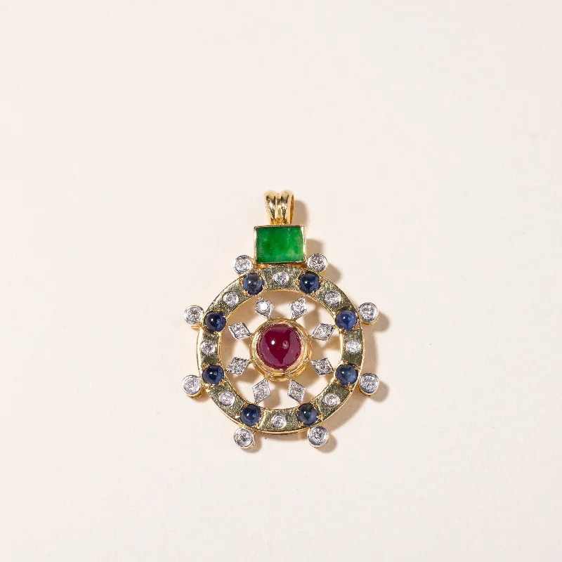 diamond halo stud earrings 18k Yellow Gold Jade, Ruby & Sapphire Pendant | 6.80x5.20x0.80mm, 1.42ct, 1.21ctw, 0.50ctw |