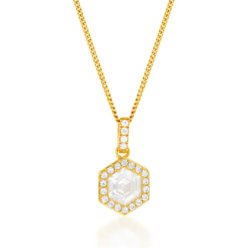 personalized couple’s bracelet engraved 9ct Yellow Gold Hexagonal Cubic Zirconia Halo Pendant