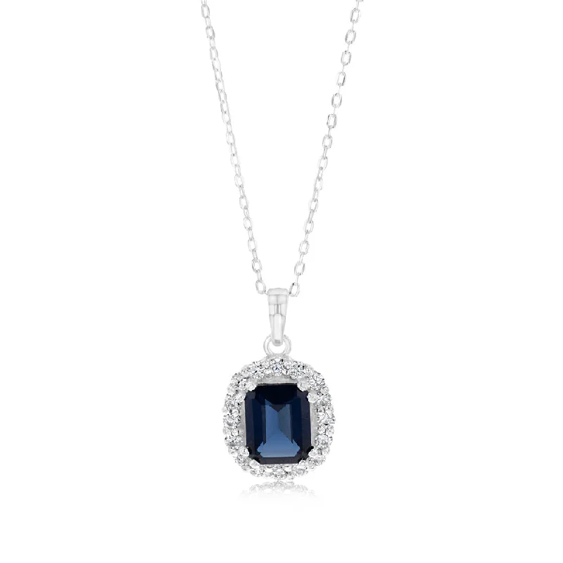oval blue sapphire ring Sterling Silver Blue & White Zirconia Pendant On Chain