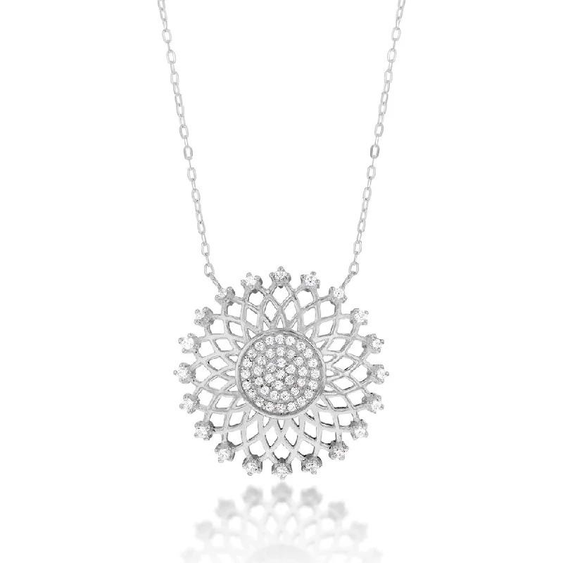 handcrafted gemstone ring women Sterling Silver Cubic Zirconia Flower Pendant on 42+3cm Chain