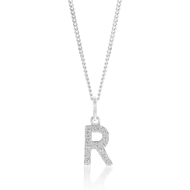 dainty feather charm necklace Sterling Silver Cubic Zirconia Initial "R" Pendant