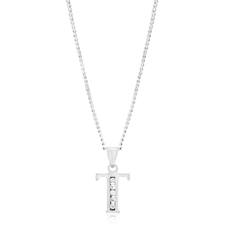 silver rope chain men Sterling Silver Cubic Zirconia  Initial "T"  Pendant
