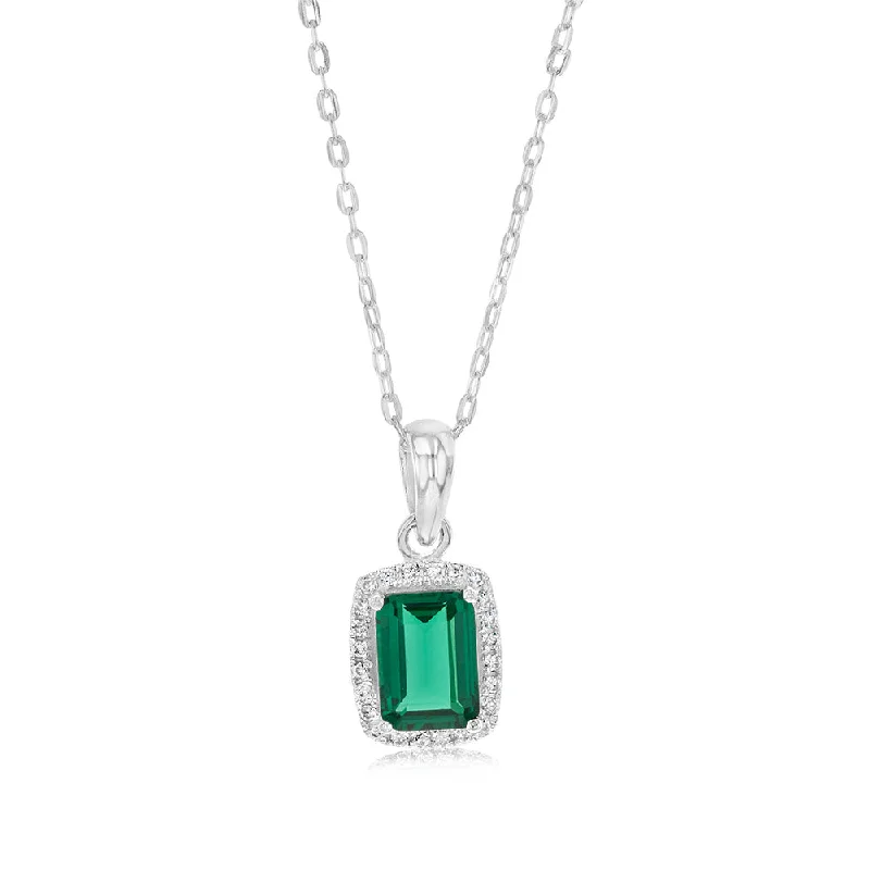 classic diamond solitaire necklace Sterling Silver Green White Zirconia Rectangle Pendant On Chain
