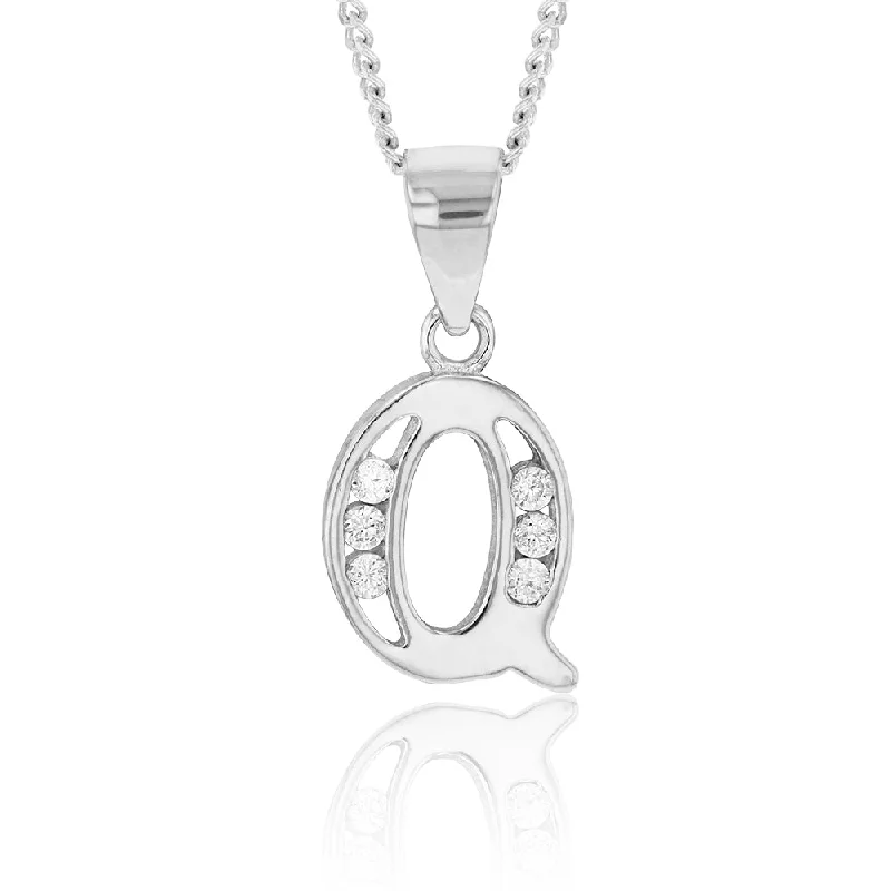 gold bar earrings minimalist Sterling Silver Initial Zirconia  Initial "Q" Pendant