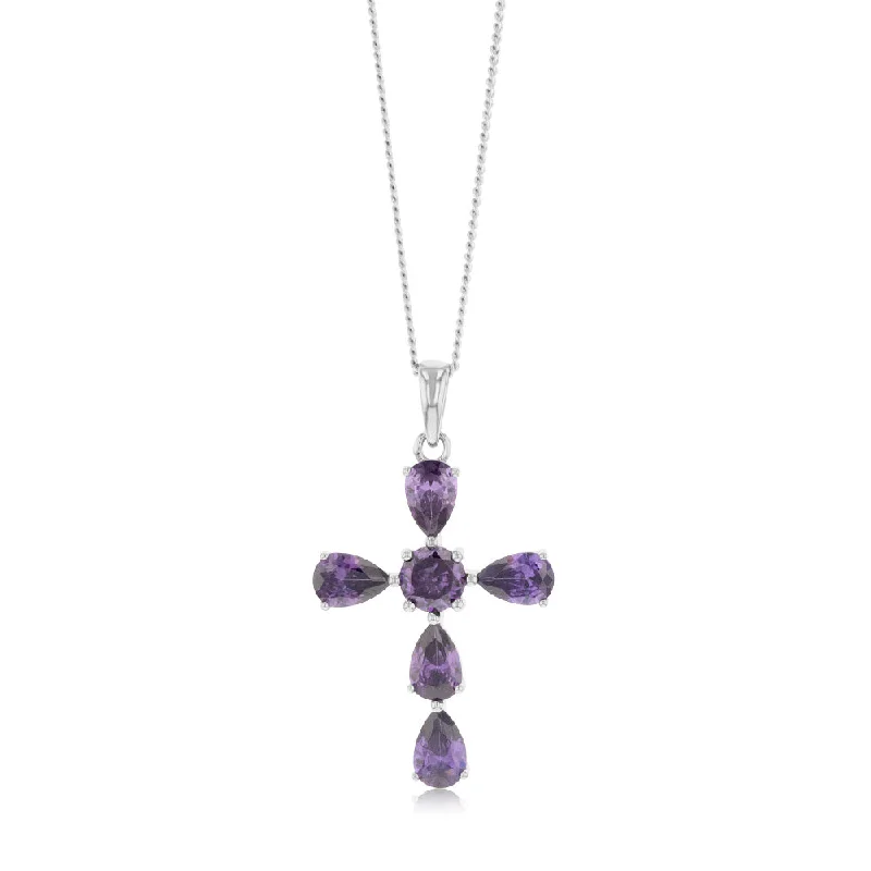 gold plated Cuban link chain Sterling Silver Purple Zirconia Cross Pendant