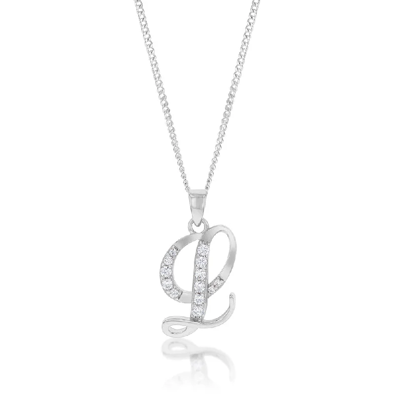 simple snake chain necklace Sterling Silver Rhodium Plated Cubic Zirconia Script "L" Initial Pendant simple snake chain necklace Sterling Silver Rhodium Plated Cubic Zirconia Script "L" Initial Pendant