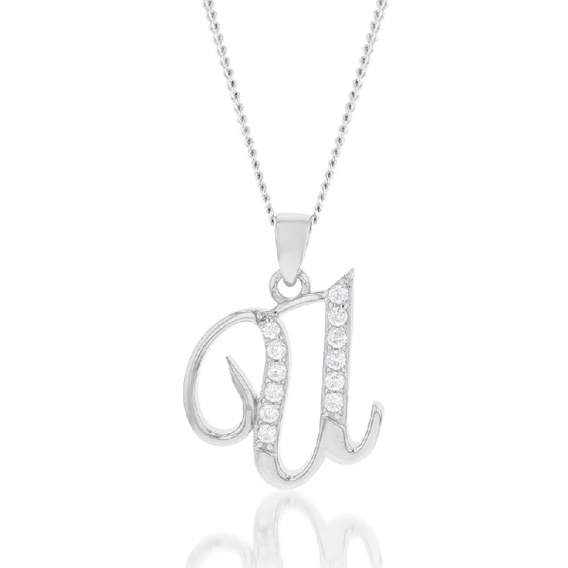 gold initial bracelet personalized Sterling Silver Rhodium Plated Cubic Zirconia Script "U " Initial Pendant gold initial bracelet personalized Sterling Silver Rhodium Plated Cubic Zirconia Script "U " Initial Pendant