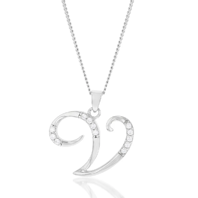 silver-plated bar necklace Sterling Silver Rhodium Plated Cubic Zirconia Script "V " Initial Pendant