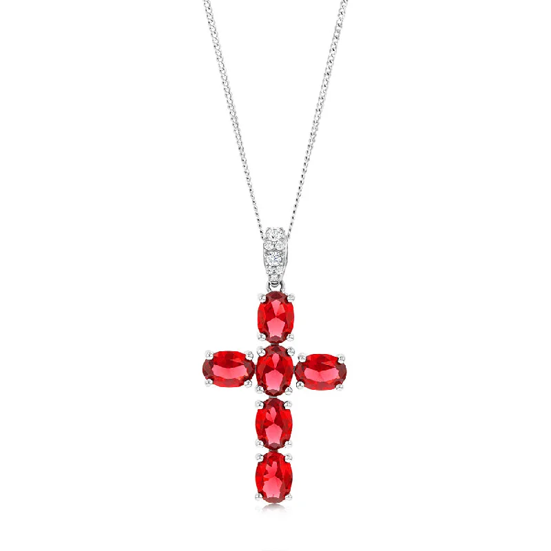 handcrafted turquoise necklace Sterling Silver Rhodium Plated Oval Red Stone Cross Pendant