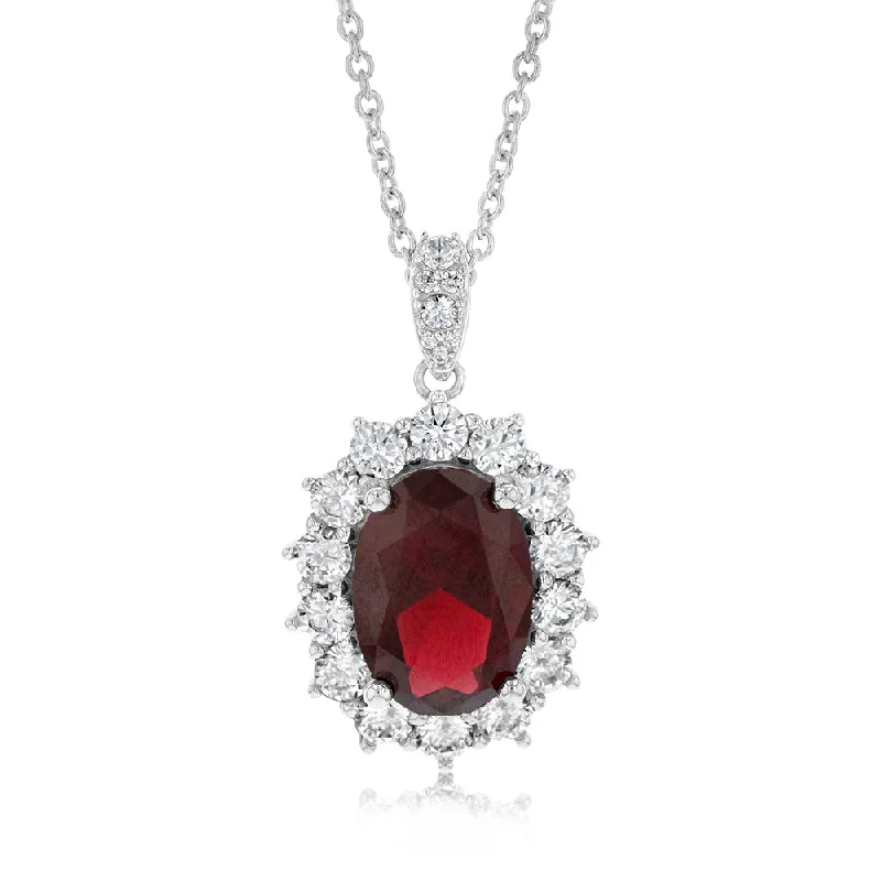 gold wedding band for men Sterling Silver Rhodium Plated Oval Red Stone Cubic Zirconia Pendant With 45cm Chain