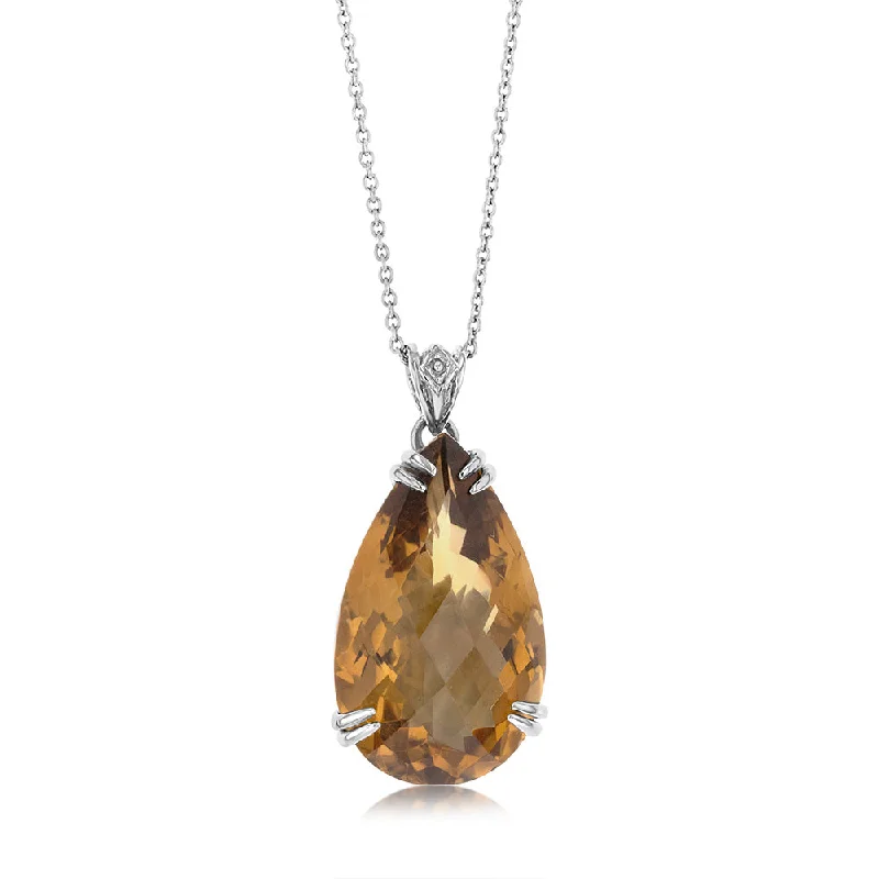 personalized family tree necklace Sterling Silver Rhodium Plated Pear Checkerboard Citrine Pendant On 45cm Chain