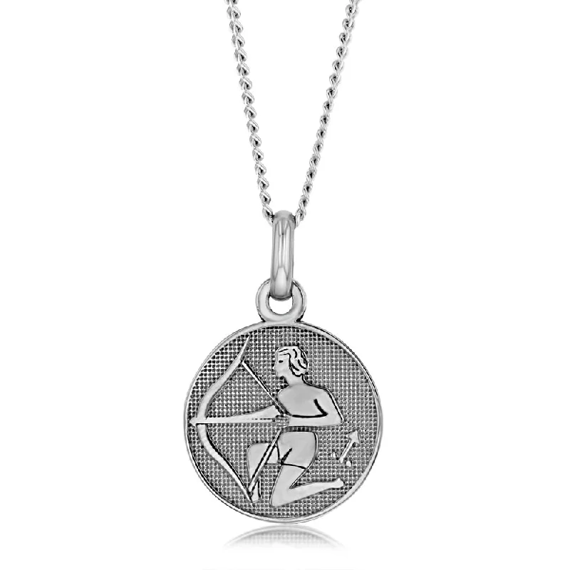 minimal diamond bar necklace Sterling Silver Rhodium Plated Round Zodiac Sagitarius Pendant