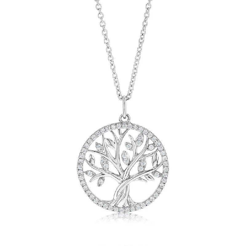 sapphire engagement ring halo Sterling Silver Rhodium Plated Tree Of Life Cubic Zirconia Pendant With 45cm Chain