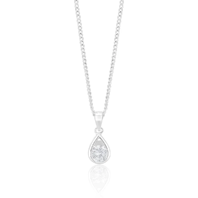 handmade wooden bead necklace Sterling Silver Zirconia Teardrop Pendant