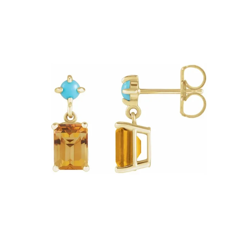 handcrafted gemstone toe ring Citrine & Turquoise Gold Stud Dangle Earrings