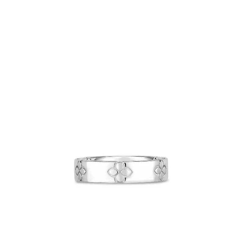 elegant pearl bridal set 18K White Gold Love In Verona Etched Flowers Narrow Ring