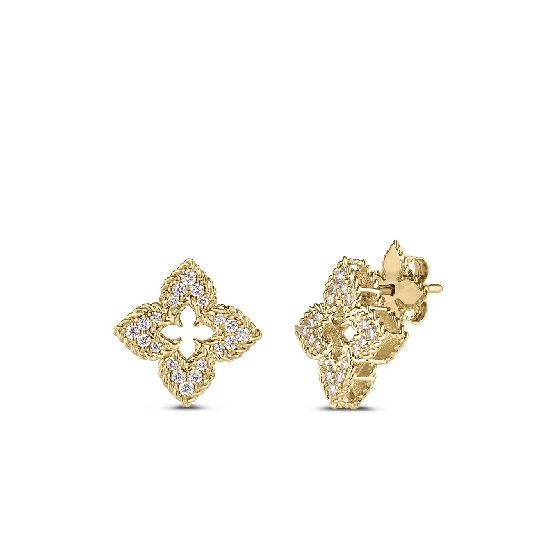 vintage flower brooch pin 18K Yellow Gold Ventian Princess Small Diamond Pave Flower Stud Earrings