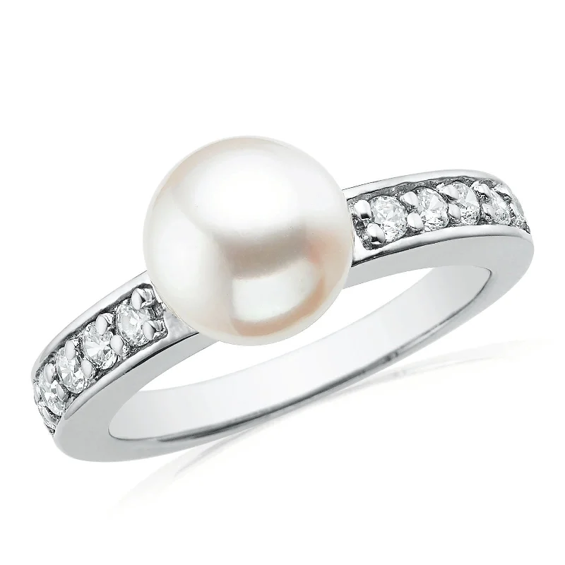 dainty gemstone drop earrings Sterling Silver 8-9mm Fresh Water Pearl and Cubic Zirconia Ring