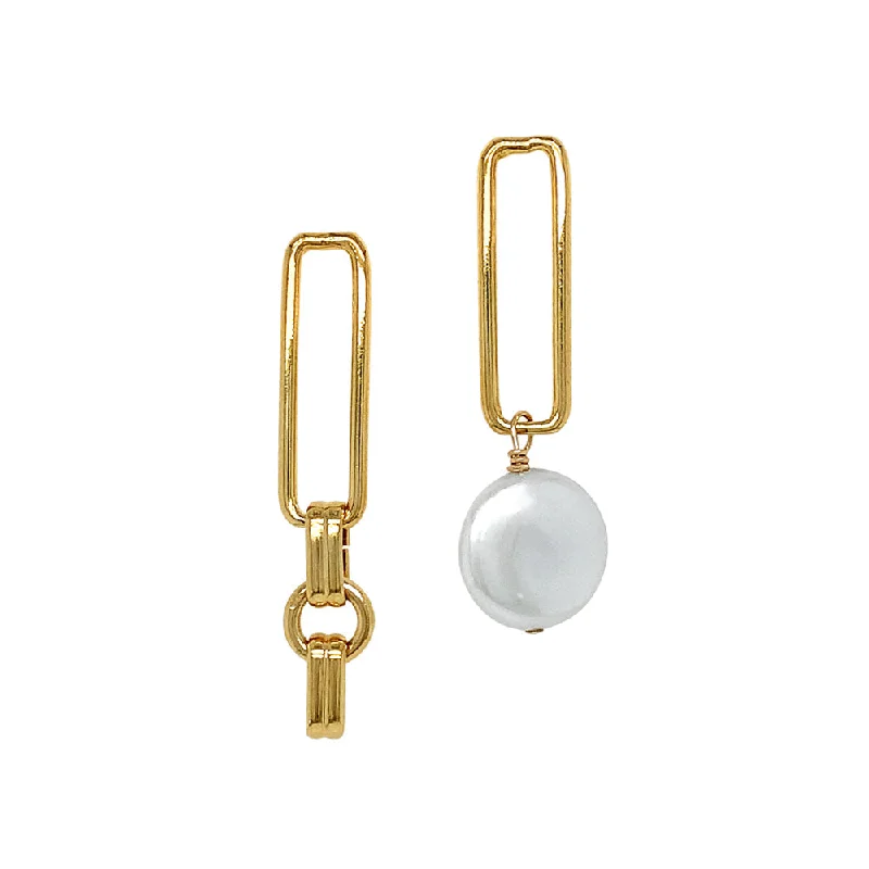 wedding anniversary diamond ring Yellow Gold Plated Asymmetrical Paperclip and Pearl Earrings - "Hope Asymmetrical"