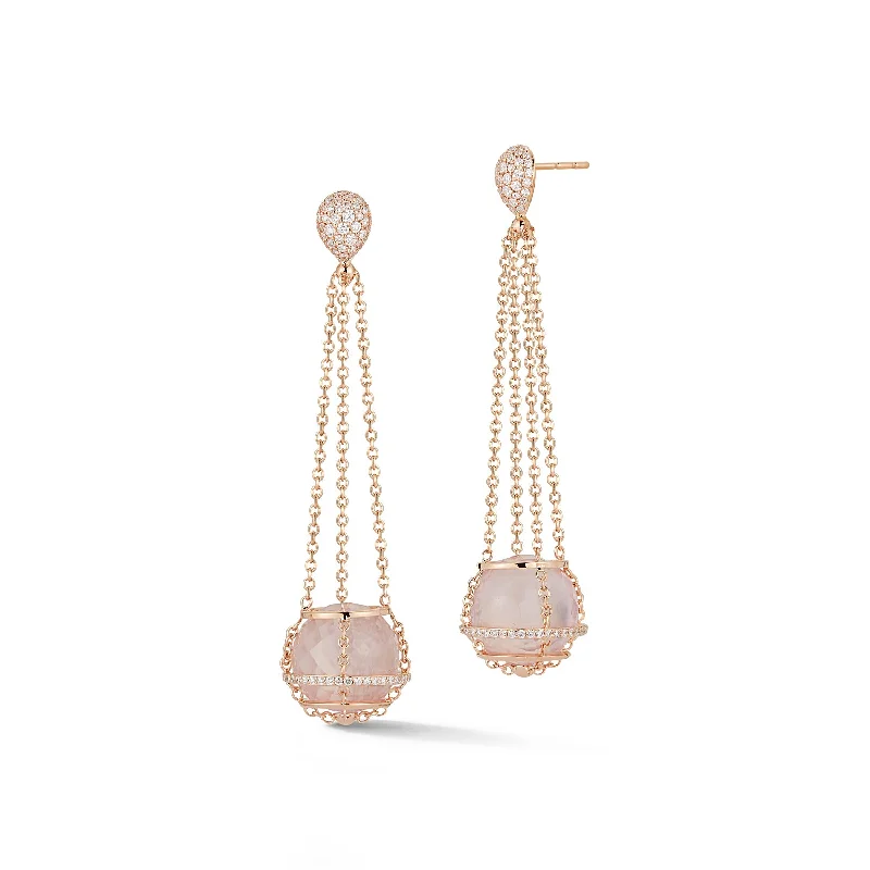 white opal engagement ring Cage Chain Basket Earrings, Rose Quartz