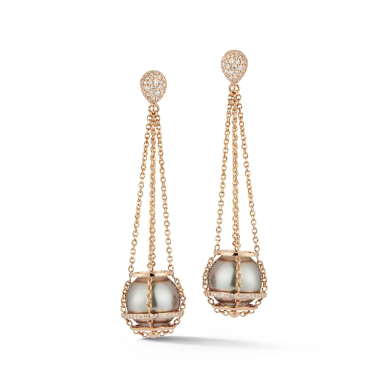 adjustable minimalist wave bracelet Cage Chain Basket Earrings, Grey Tahitian Pearl