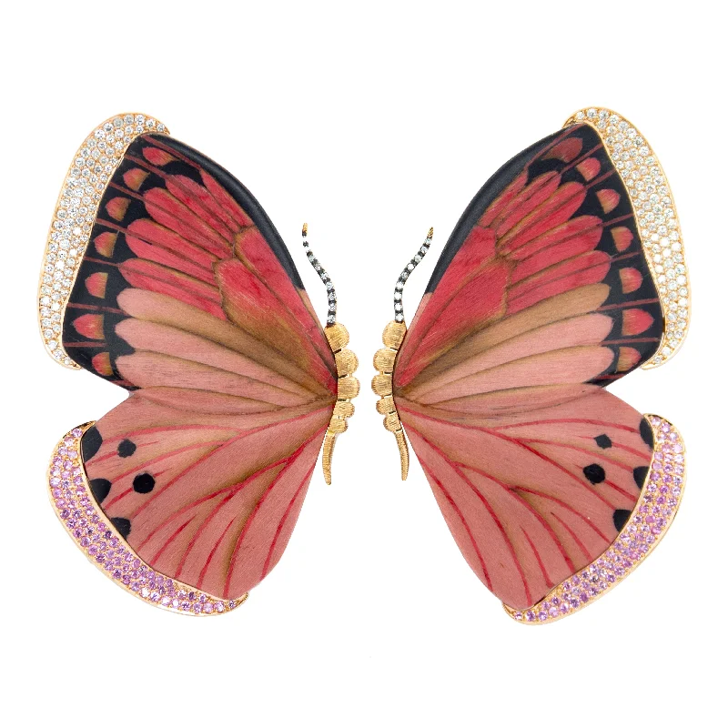 modern geometric earrings gold Marquetry Pink Butterfly Earrings, Diamonds and Pink Sapphire