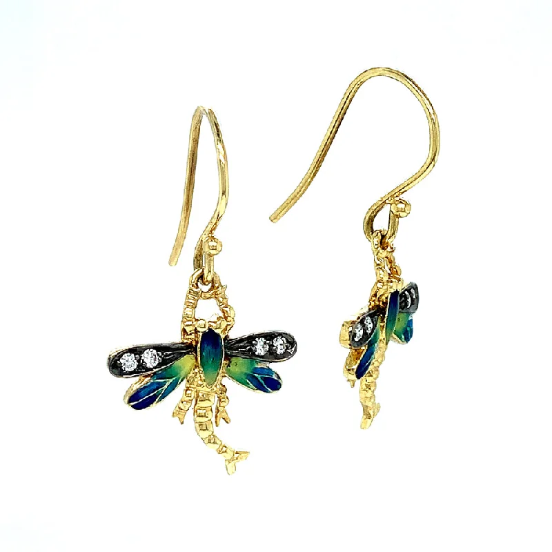 vintage flower brooch pin Diamond and Enamel Earrings - "Dragonflies"