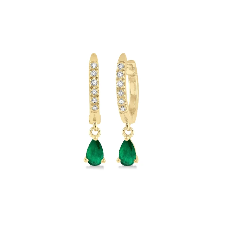 handmade wire-wrapped gemstone ring Diamond Huggies with Emerald Dangles