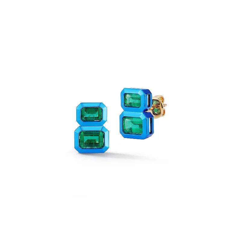 rustic wooden bead bracelet Emerald Studs with Blue Rhodium