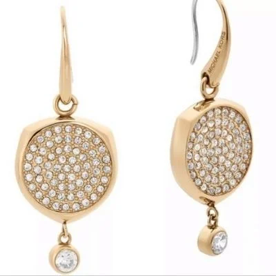 hammered gold signet ring Michael Kors Gold Disk Drop Earrings Pave Clear Crystal
