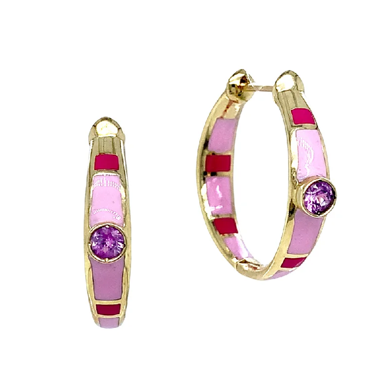 rose gold ring with diamonds Montana Sapphire with Pink Enamel & Yellow Gold Hoops - "Rock Candy Sweetness"