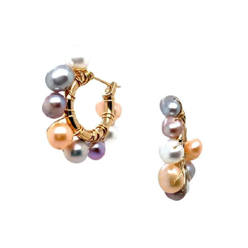 gemstone cluster earrings silver Multi-Color Pearl & Yellow Gold Plate Hoop Earrings - "Loula"