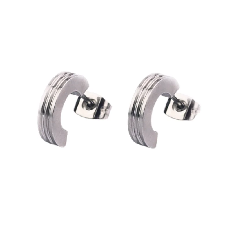 sapphire engagement ring halo Narrow Edged Stainless Steel Earrings "Semi-Arc Studs with Grooves"