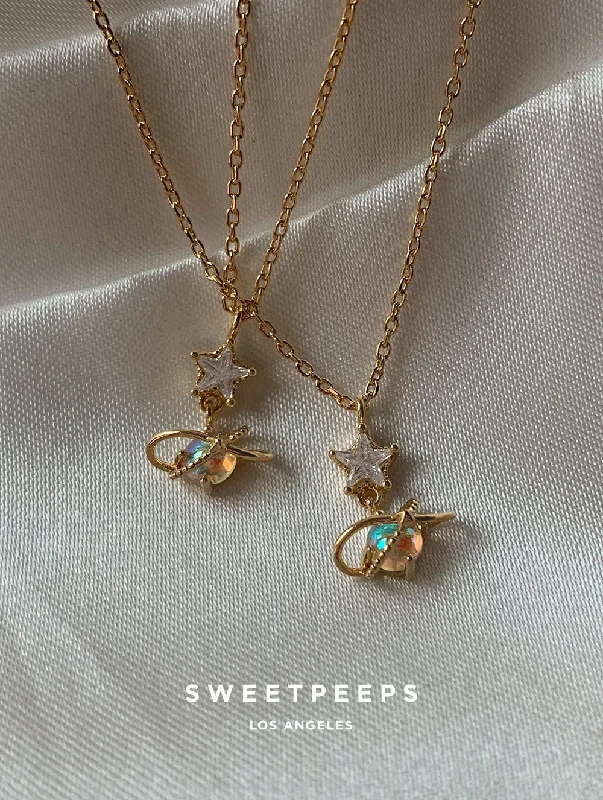 classic diamond solitaire earrings Saturn Star Galaxy Necklace