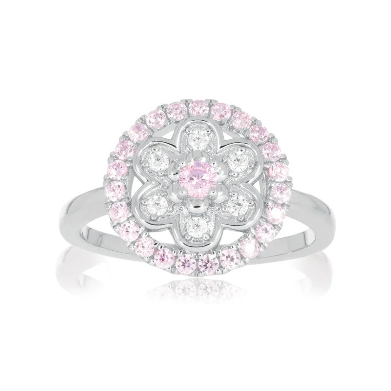 birthstone necklace for mom Sterling Silver Round Pink & White Cubic Zirconia Flower Ring
