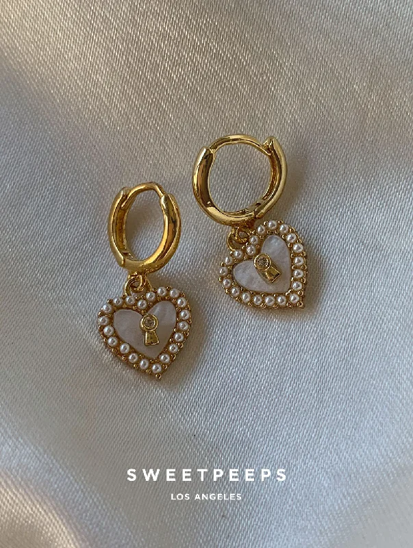 sterling silver herringbone chain SweetHeart Key Pearl Heart Hoops