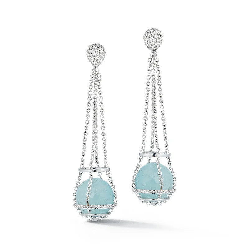 handmade raw stone engagement ring Cage Chain Basket Earrings, Aquamarines