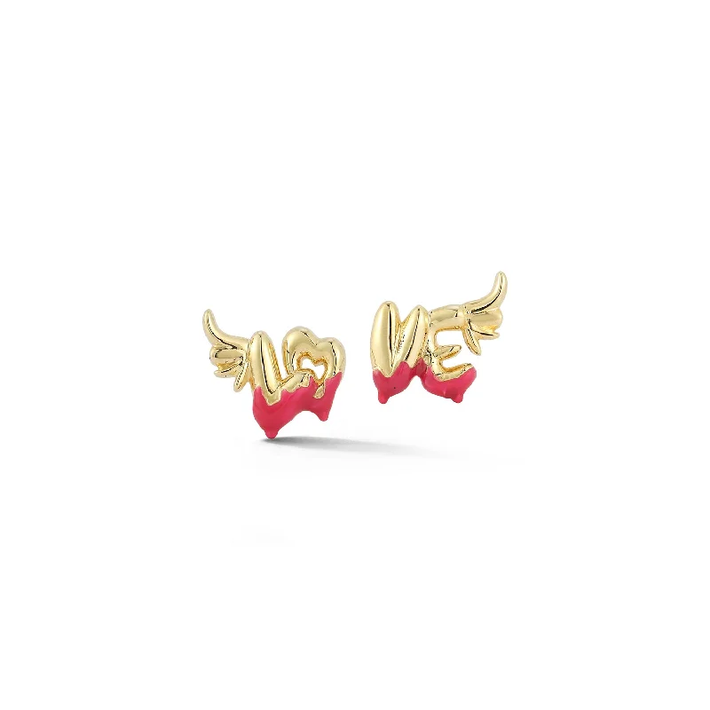 round cut diamond engagement ring Winged "LOVE" Earrings with Pink Enamel