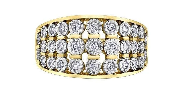 vintage-style floral brooch Yellow Gold 3 Row Diamond Ring