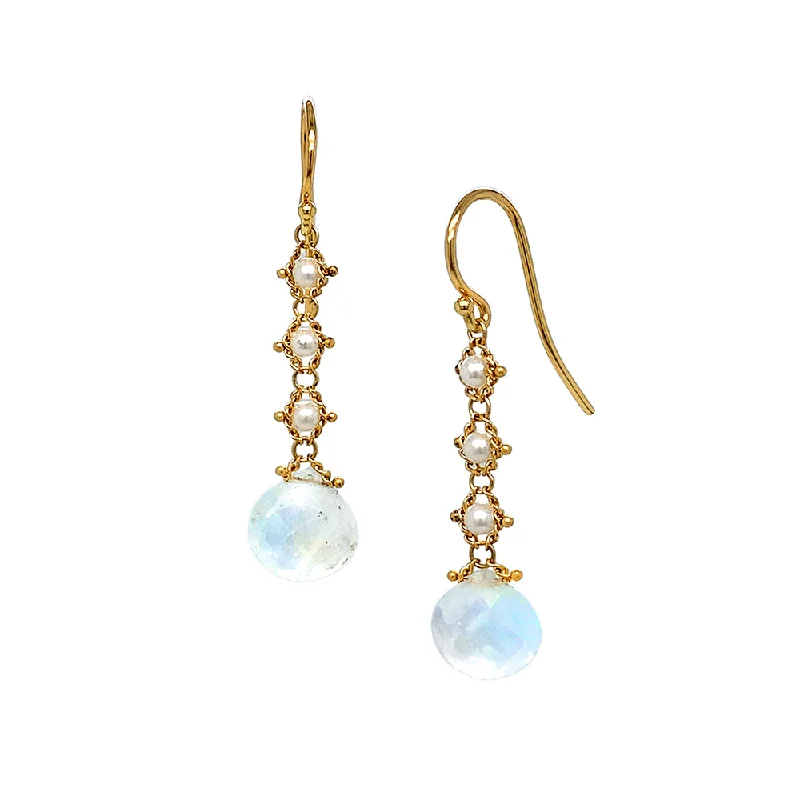 custom engraved wedding band Moonstone & Pearl Woven Drop Earrings - "Moon Drop"