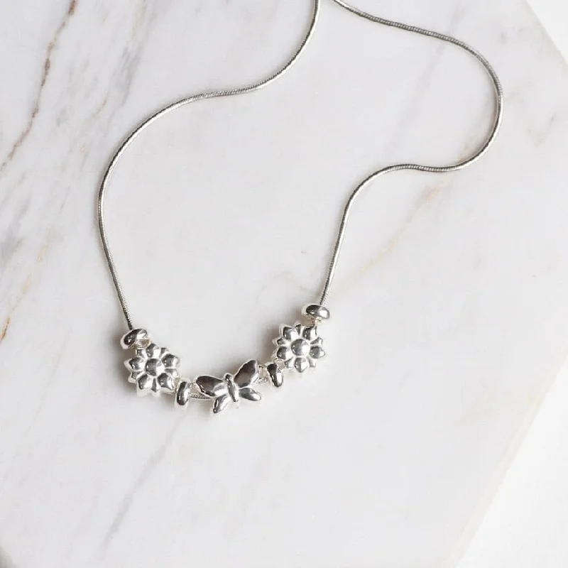 minimal diamond bar necklace Sterling Silver Butterfly & Flower Necklace