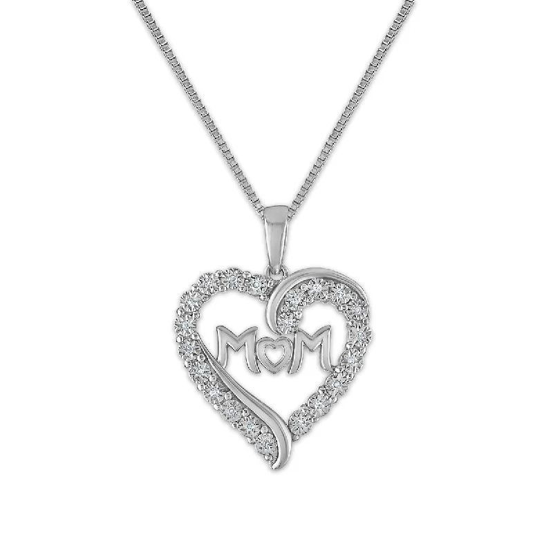minimalist chain anklet gold 1/10 CTW Diamond Heart Mom 18-inch Pendant in Rhodium Plated Sterling Silver