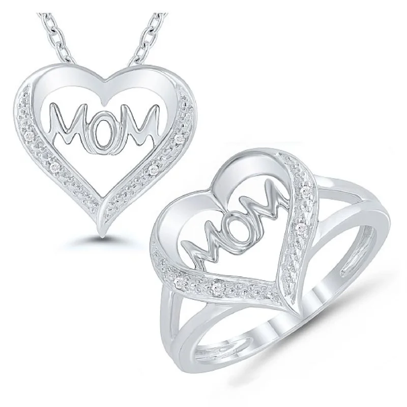 personalized initial ring stackable 1/25 CTW Diamond Mom Heart Box Set Ring 18-inch Pendant in Sterling Silver