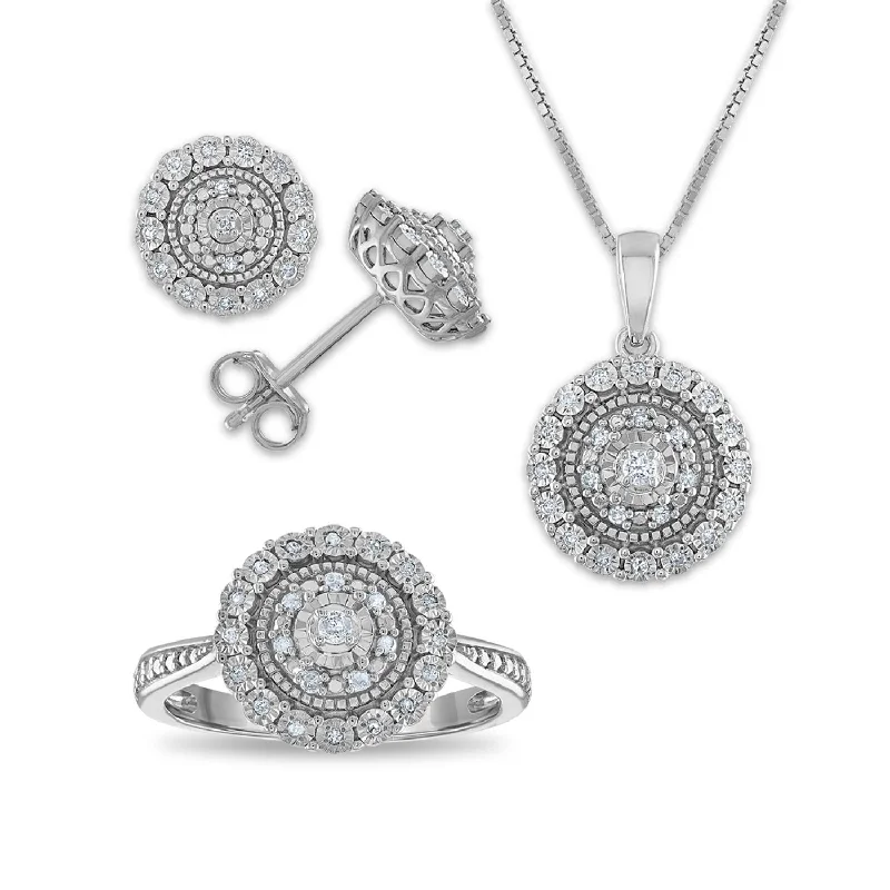 colorful gemstone engagement ring 1/3 CTW Diamond Halo Ring Pendant Earrings Set in Sterling Silver