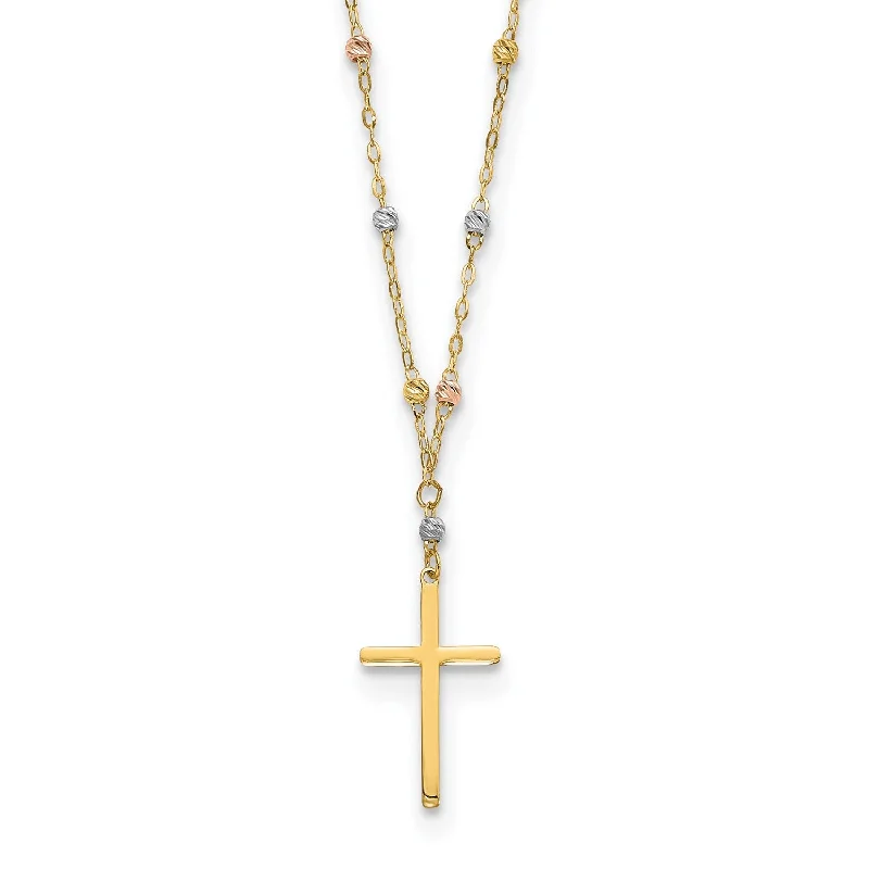 tiny diamond cross necklace 14KT Gold Tri-Color 17-inch Diamond-cut Beaded Cross Necklace