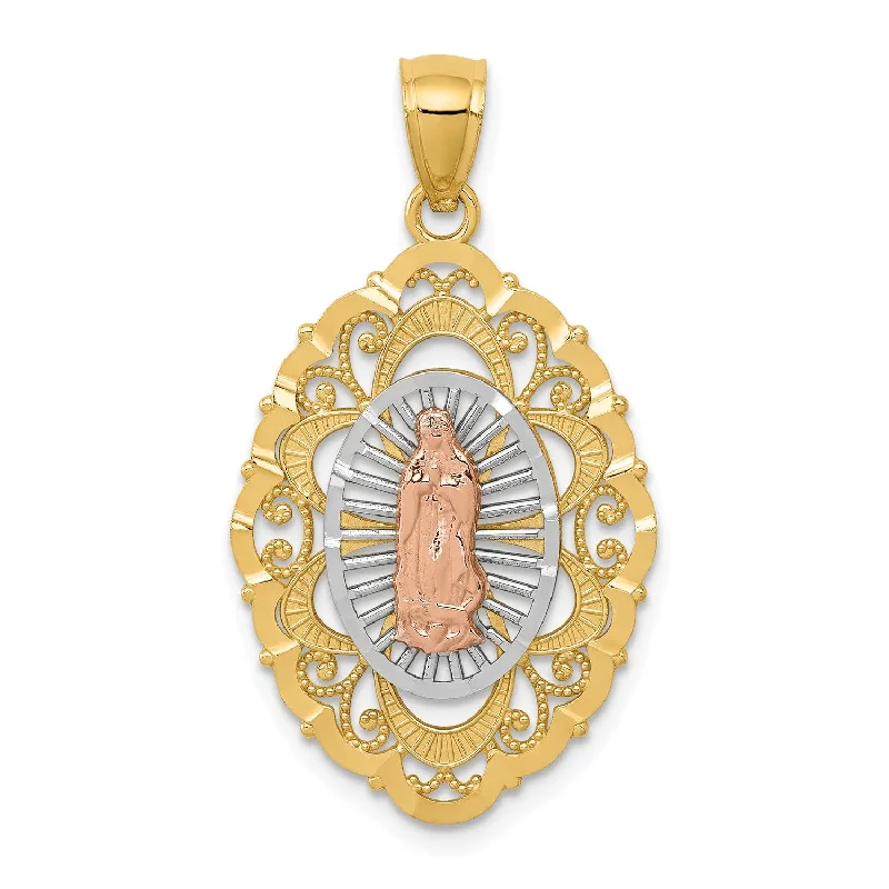 round cut diamond engagement ring 14KT Gold Tri-Color 34X18MM Guadalupe Pendant. Chain Not Included