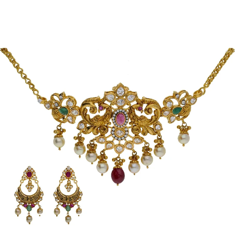 vintage rose gold cameo pendant 22K Yellow Antique Gold 2-in-1 Choker/Vanki & Chandbali Earrings Set W/ Emerald, Ruby, CZ, Pearls & Double Peacock Design vintage rose gold cameo pendant 22K Yellow Antique Gold 2-in-1 Choker/Vanki & Chandbali Earrings Set W/ Emerald, Ruby, CZ, Pearls & Double Peacock Design