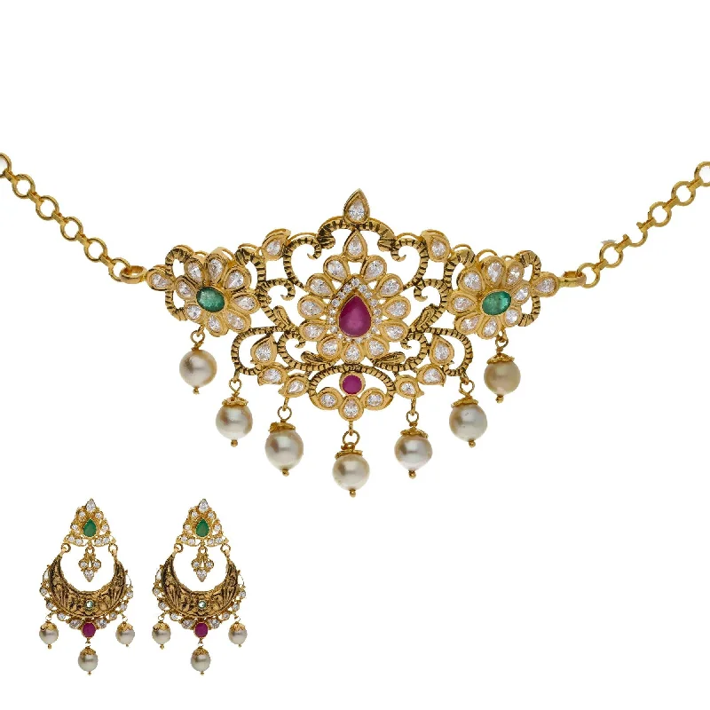 pearl and gold chain earrings 22K Yellow Antique Gold 2-in-1 Choker/Vanki & Chandbali Earrings Set W/ Emerald, Ruby, CZ, Pearls & Paisley Flower Design pearl and gold chain earrings 22K Yellow Antique Gold 2-in-1 Choker/Vanki & Chandbali Earrings Set W/ Emerald, Ruby, CZ, Pearls & Paisley Flower Design