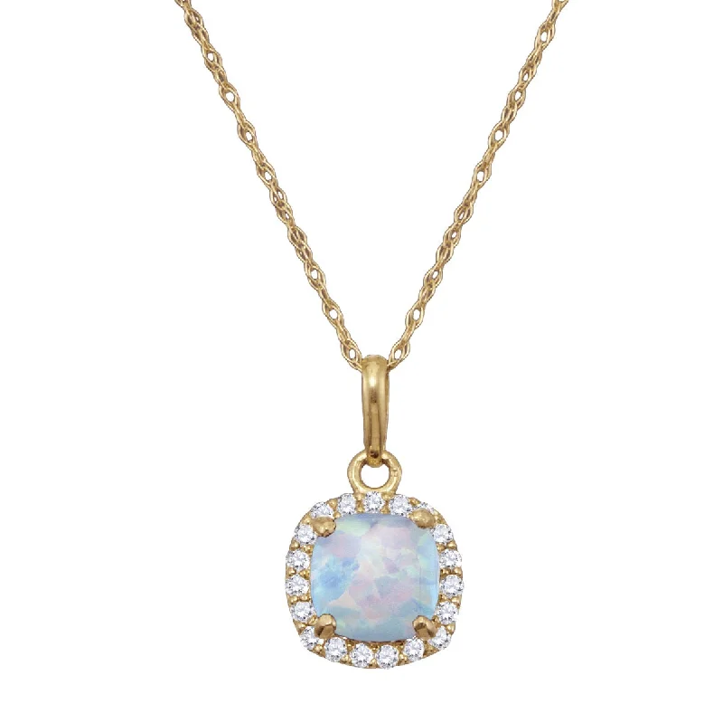 men’s braided leather bracelet 6MM Cushion Opal and White Sapphire Birthstone Halo 18-inch Pendant in 10KT Yellow Gold